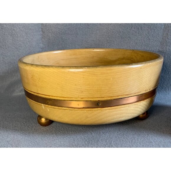 Vintage Wooden Salad Bowl Set with Copper Trim 4 Piece Mid Century Modern Footed - Picture 5 of 13